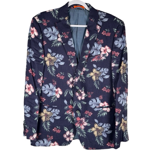 Tallia Macy’s Men’s Store Navy Blue Tropical Floral 100% Linen Blazer Jacket 44R